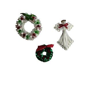 Lot of 3 Brooches Christmas Angel, 2 Wreathes Handmade Vintage